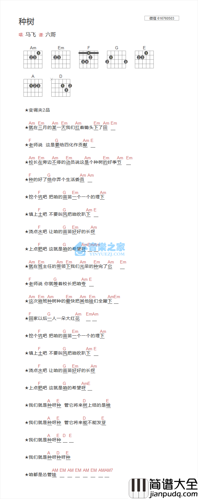 种树吉他谱_C调和弦谱_音乐之家编配_马飞