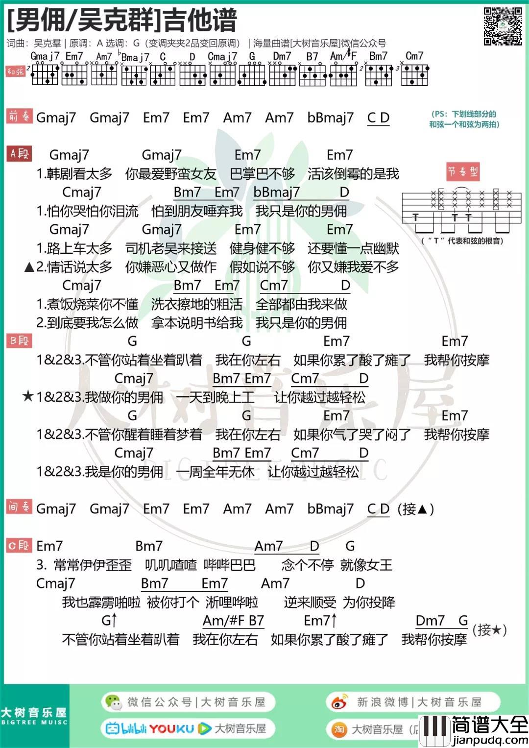男佣吉他谱_G调和弦谱_大树音乐屋编配_吴克群