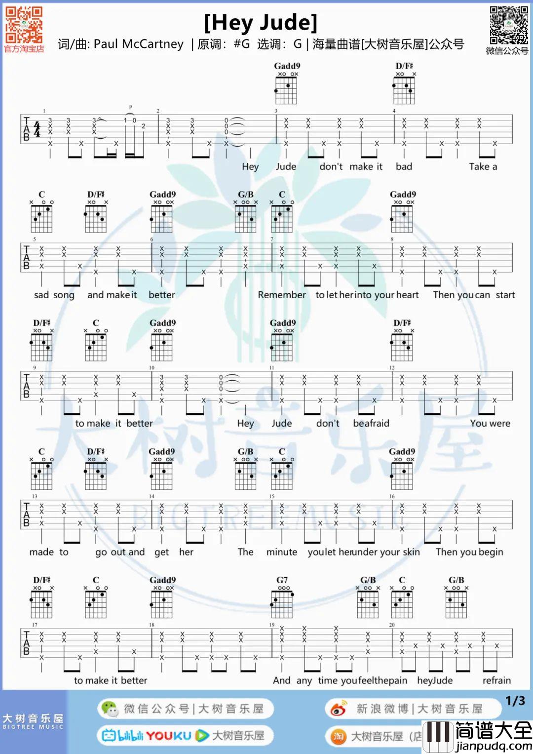 Hey_Jude吉他谱_孙燕姿_G调原版六线谱_吉他弹唱教学