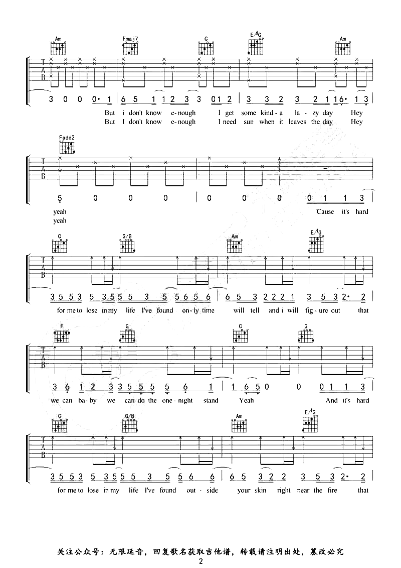 Free_Loop吉他谱_Daniel_Powter_C调弹唱六线谱
