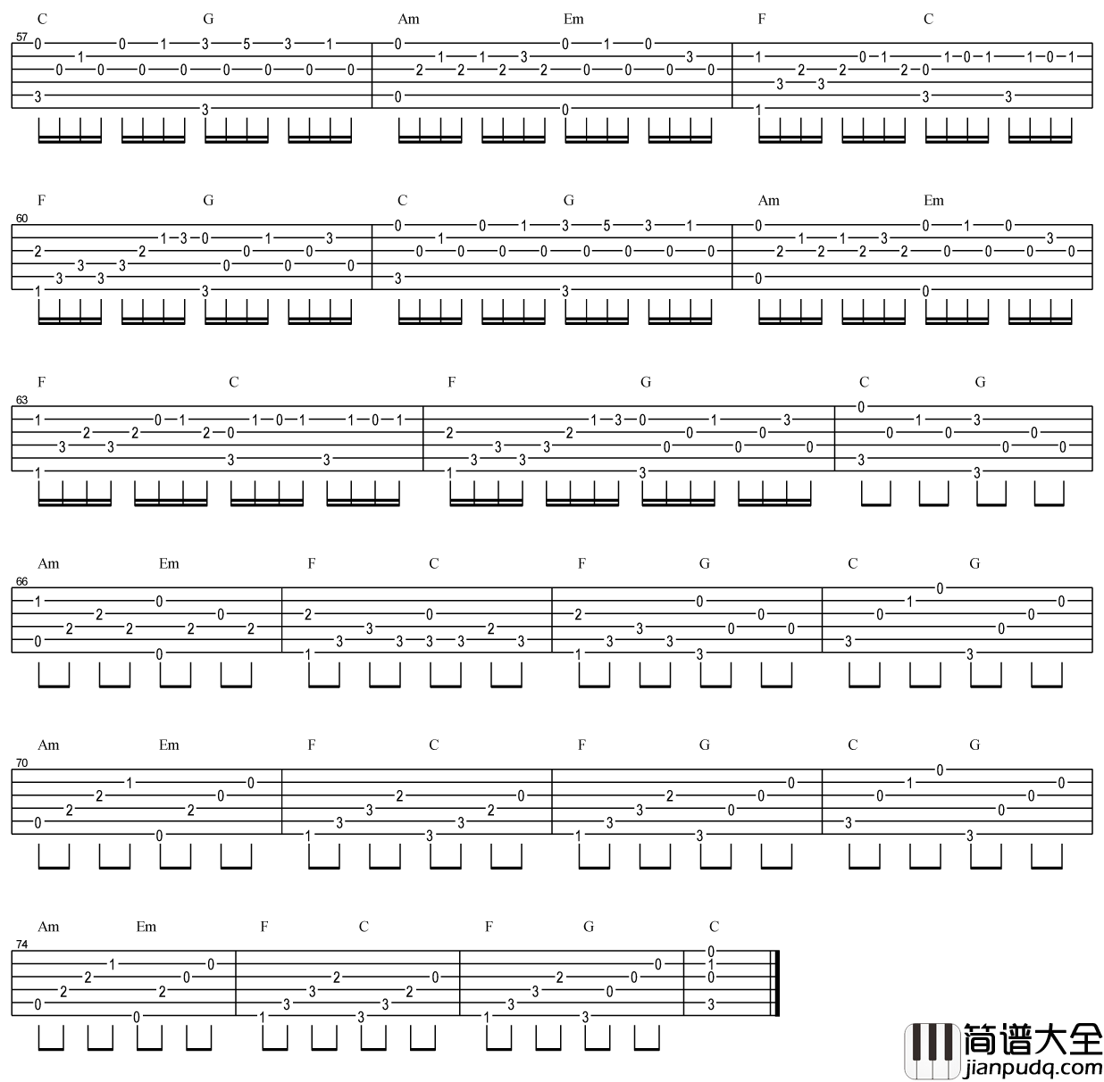 _卡农_吉他谱_C调简单版_标准独奏六线谱_吉他名曲