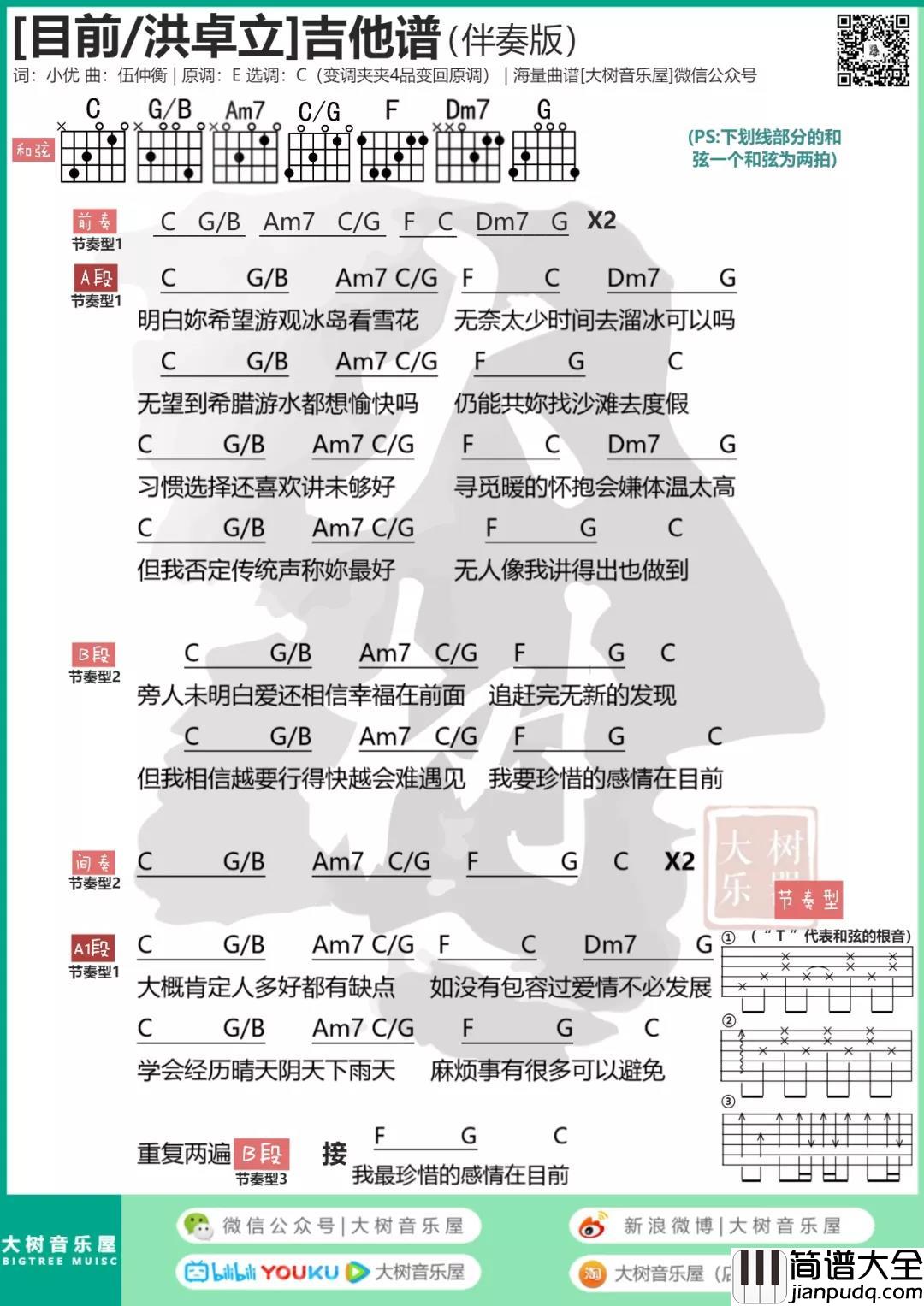 目前吉他谱_C调和弦谱_大树音乐屋编配_洪卓立