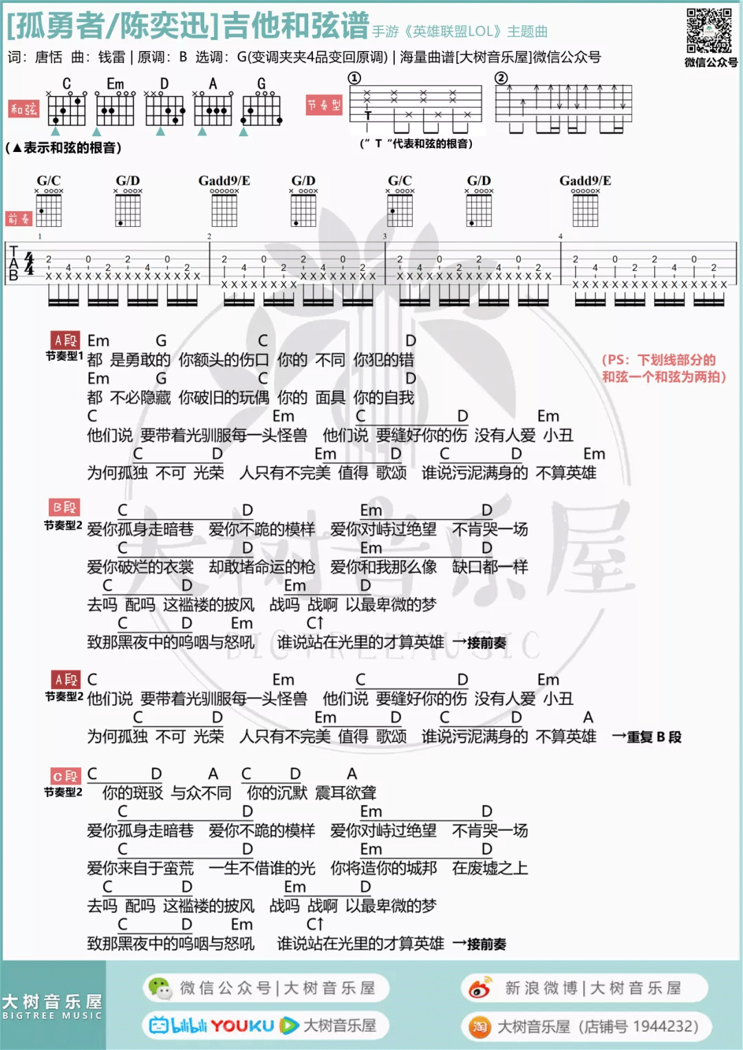孤勇者吉他谱_陈奕迅_G调原版六线谱_吉他弹唱教学