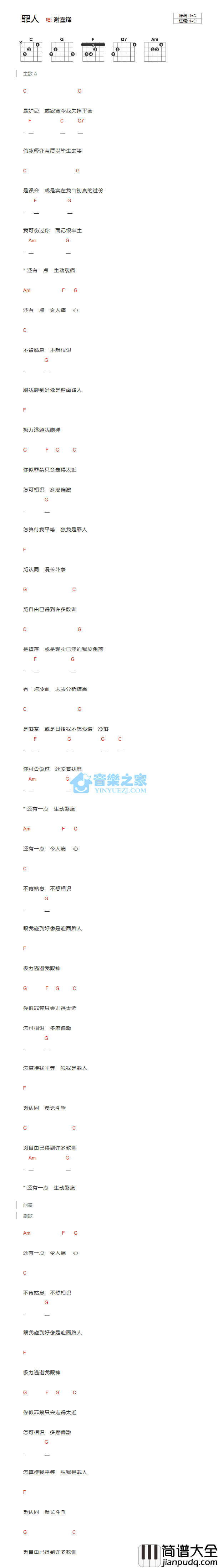 罪人吉他谱_C调和弦谱_音乐之家编配_谢霆锋