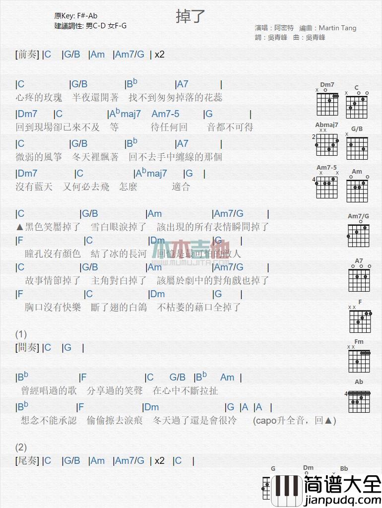 掉了_吉他谱_张惠妹