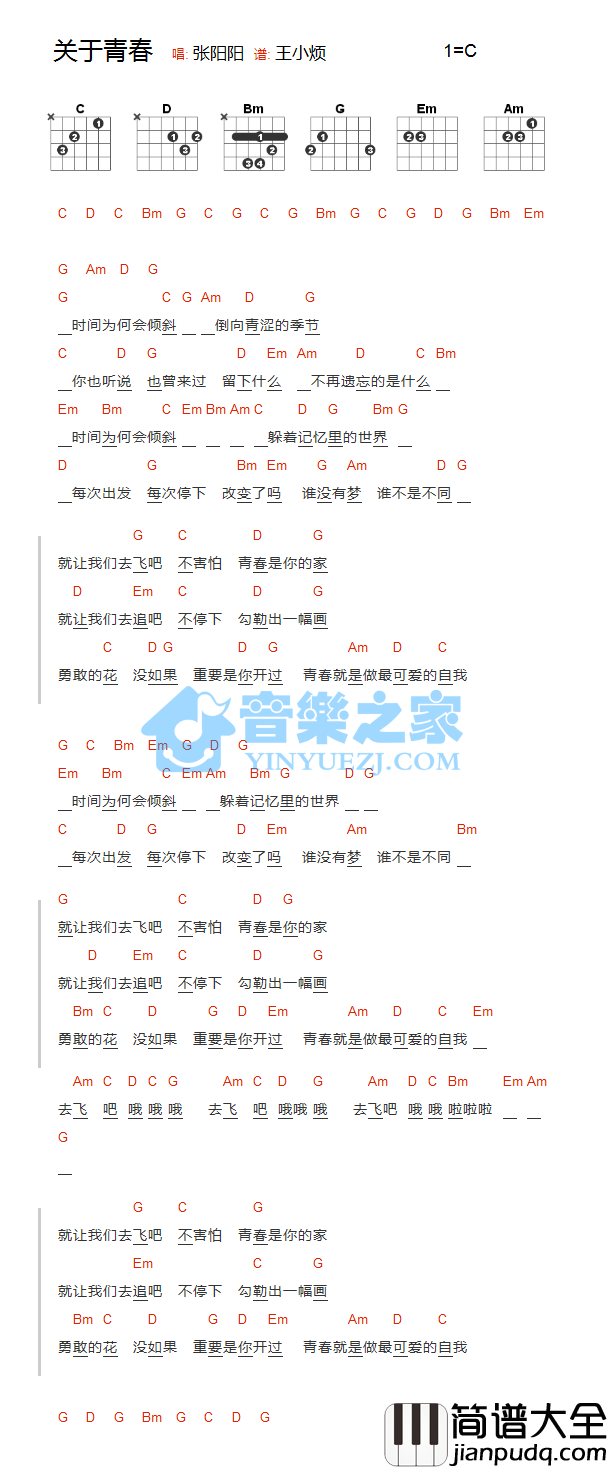 关于青春吉他谱_C调和弦谱_音乐之家编配_张阳阳