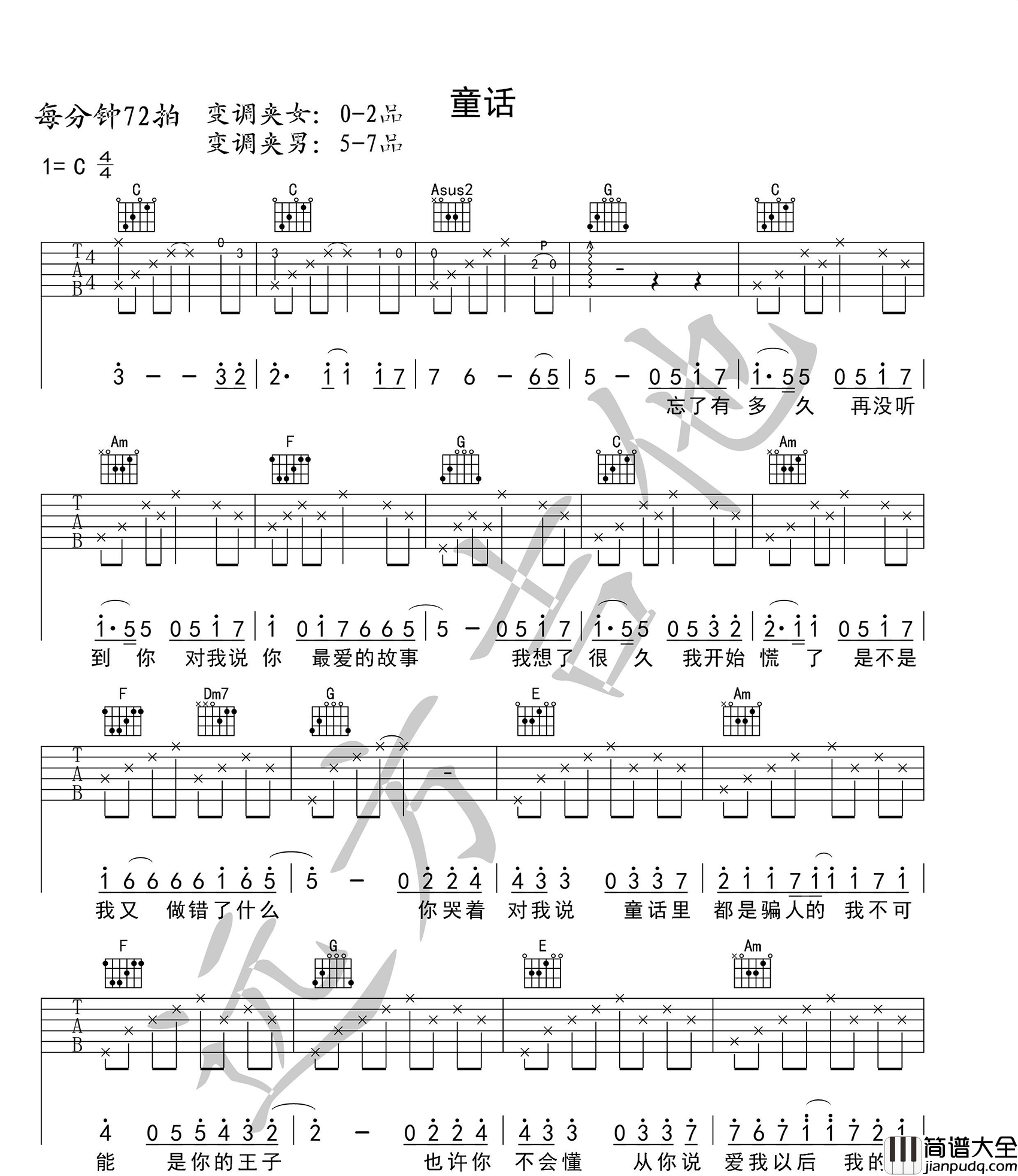 童话吉他谱_光良_C调原版_经典歌曲