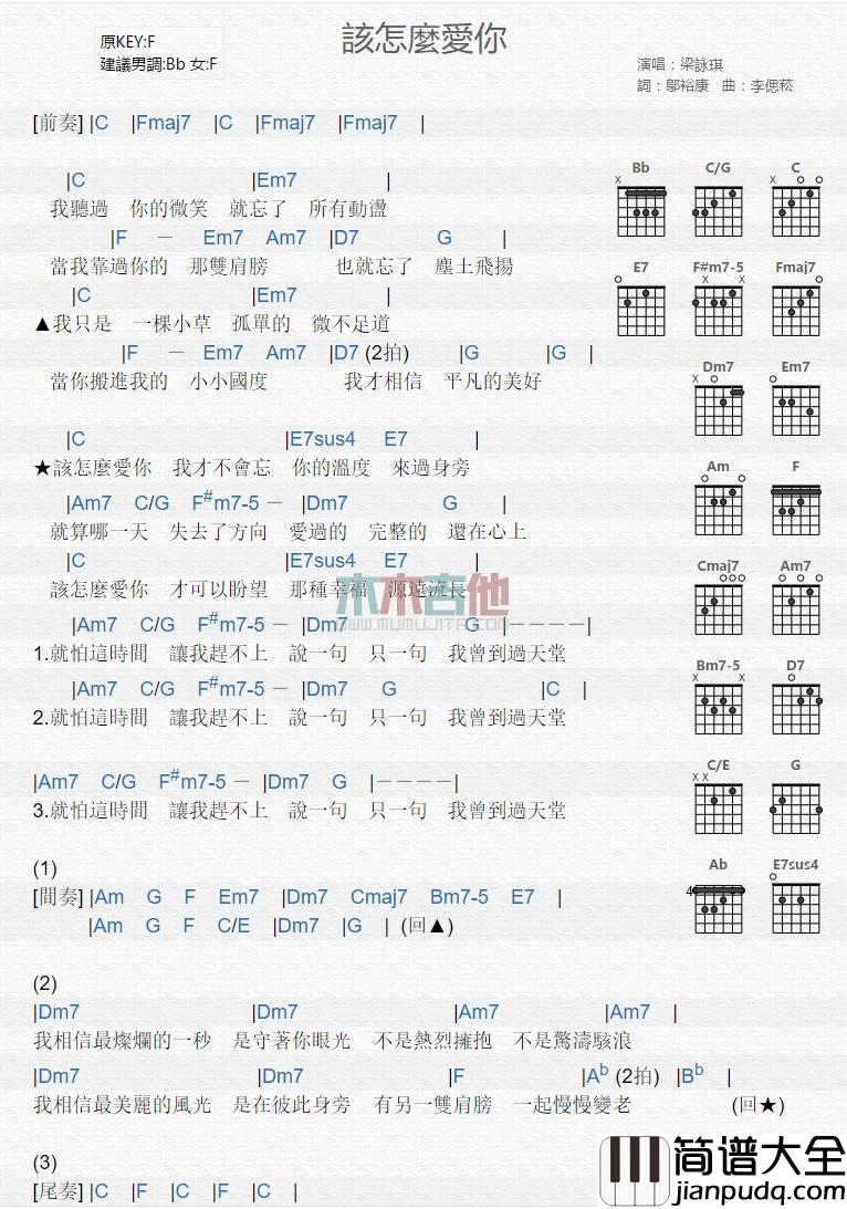 该怎么爱你_吉他谱_梁咏琪