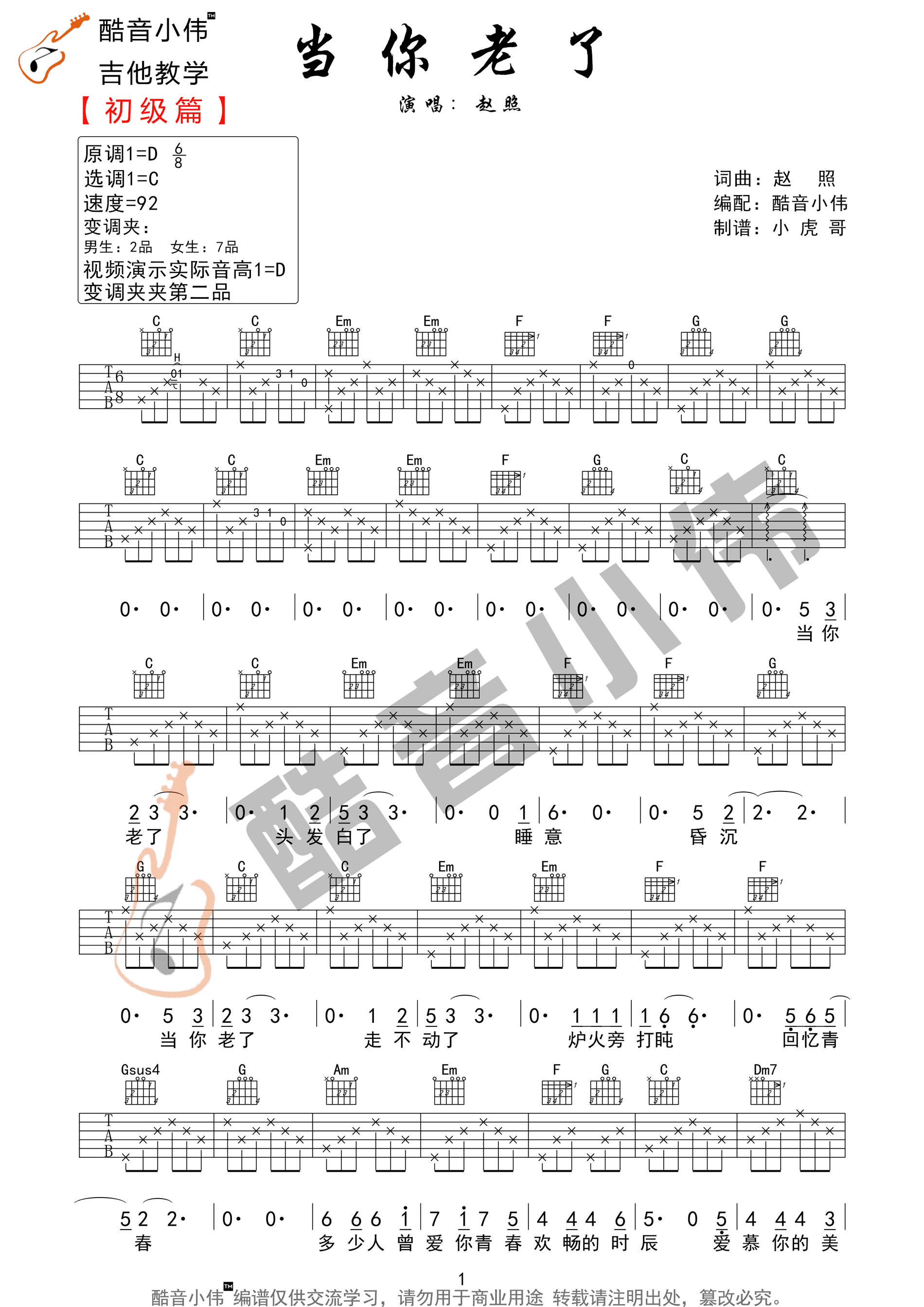 当你老了吉他谱_赵照_C调简单版六线谱_吉他弹唱教学