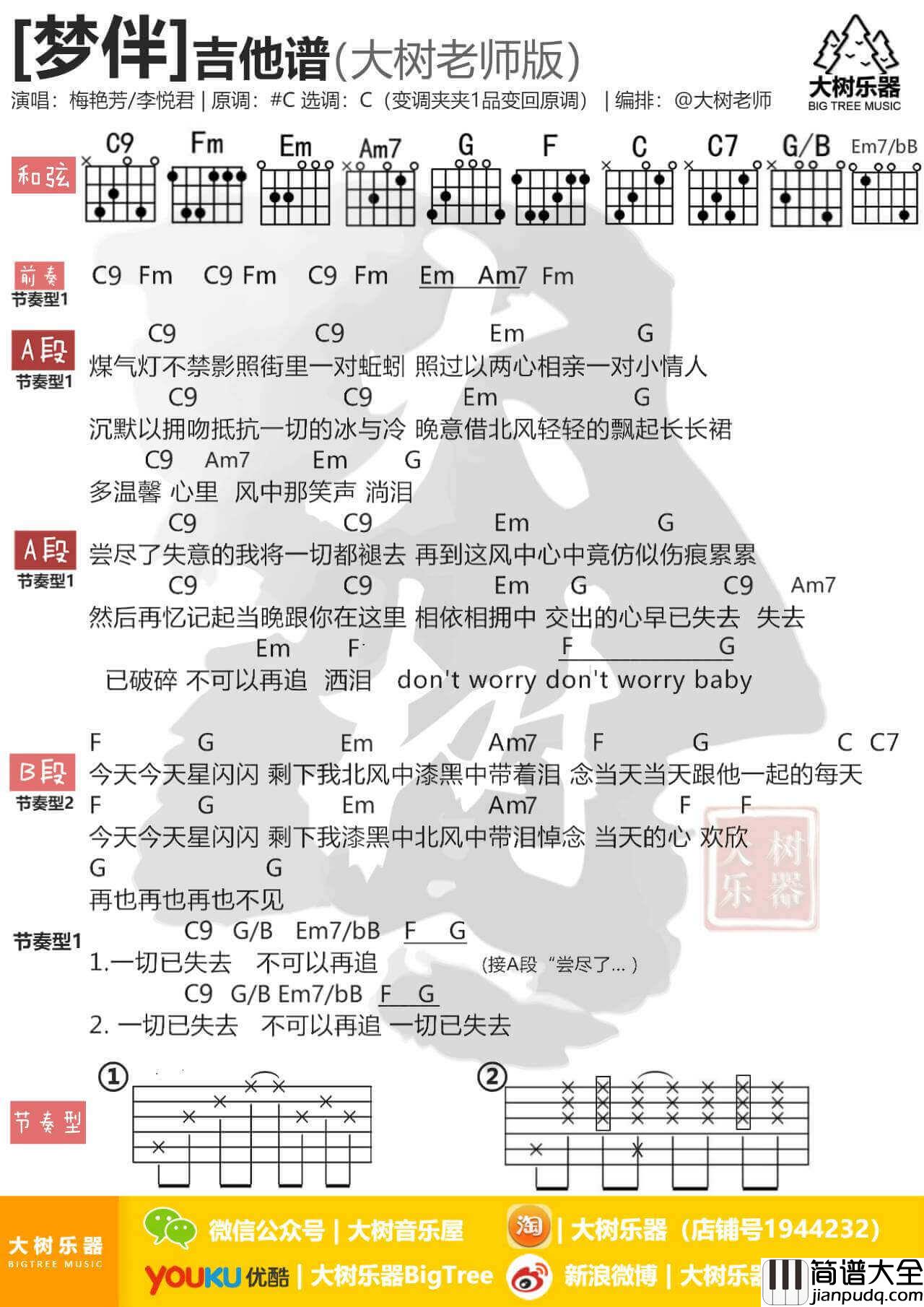 梦伴吉他谱_C调和弦谱_大树音乐编配_李悦君