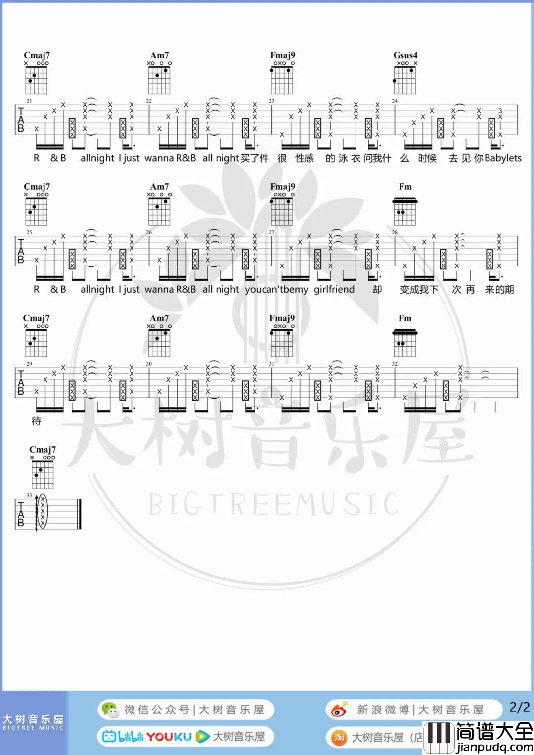 R&B_All_Night吉他谱_Higher_Brother_C调六线谱_吉他弹唱教学