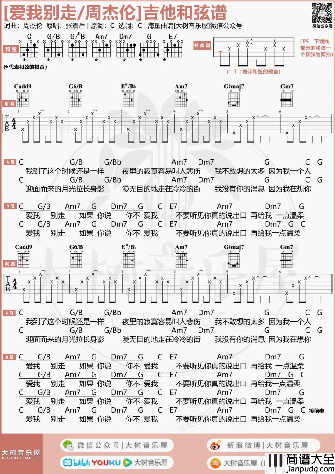 爱我别走吉他谱_张震岳/周杰伦_C调六线谱/和弦谱_吉他弹唱教学