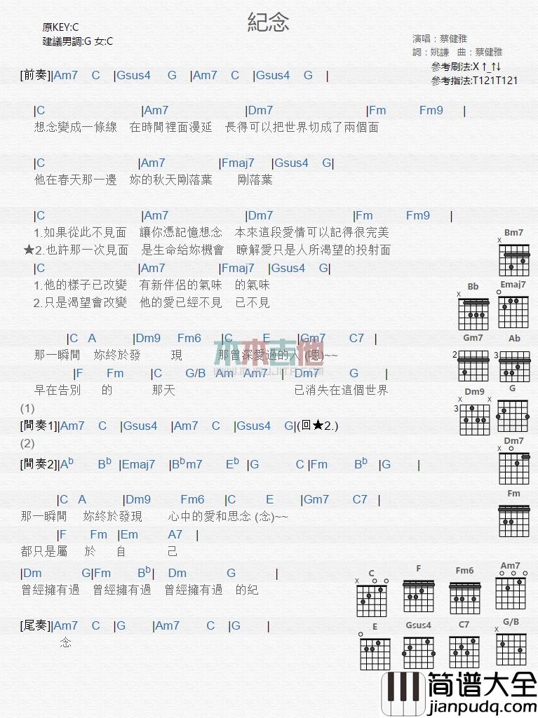 蔡健雅_纪念_吉他谱_Guitar_Music_Score