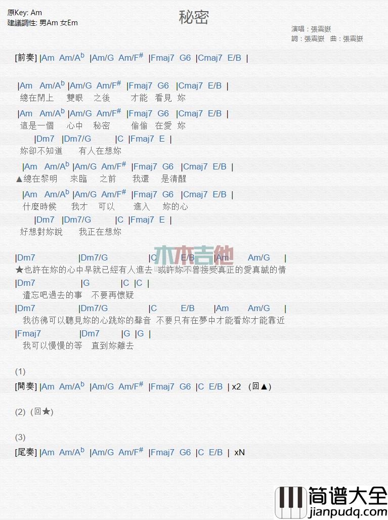 张震岳_秘密_吉他谱_Guitar_Music_Score