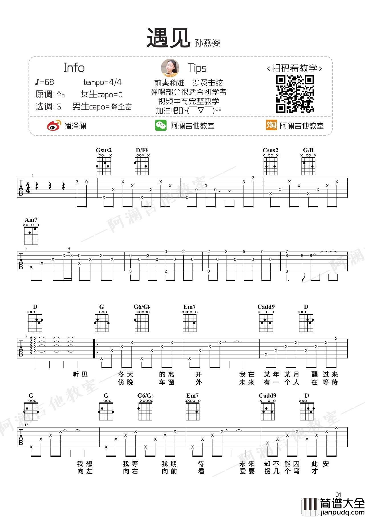 遇见吉他谱_孙燕姿_G调女生版吉他谱附弹唱演示示范