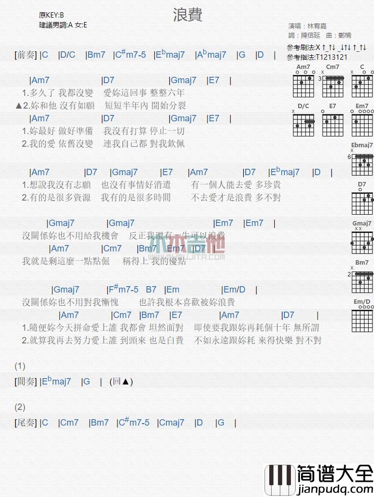 林宥嘉_浪费_吉他谱_Guitar_Music_Score