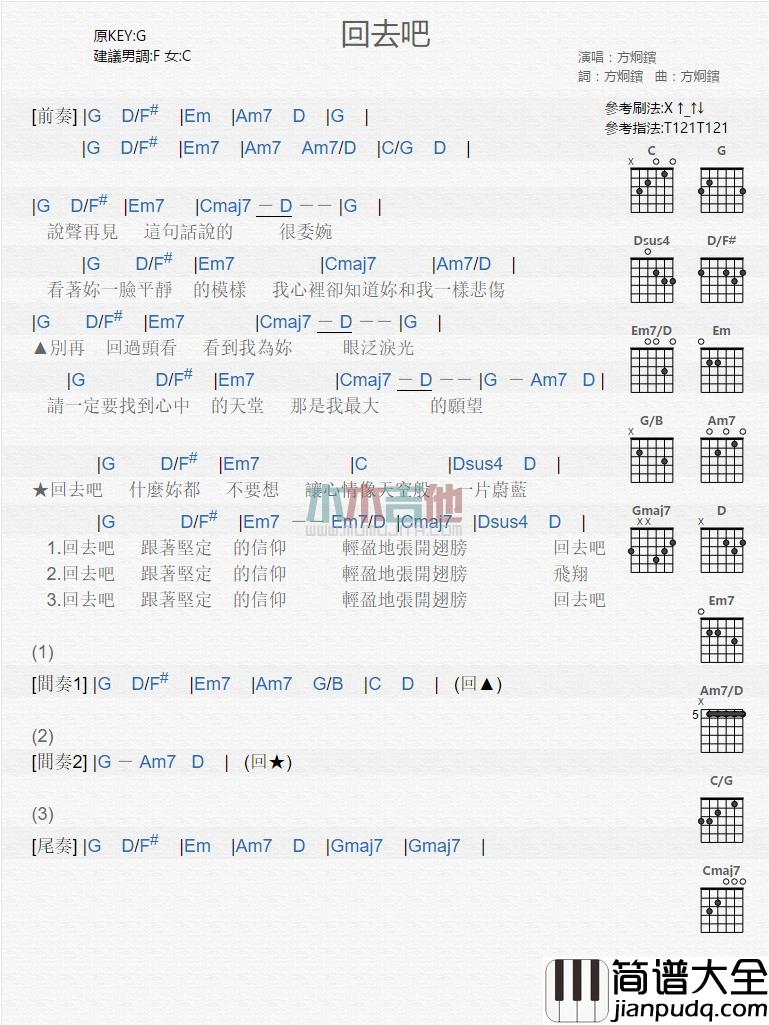 方炯镔_回去吧_吉他谱_Guitar_Music_Score