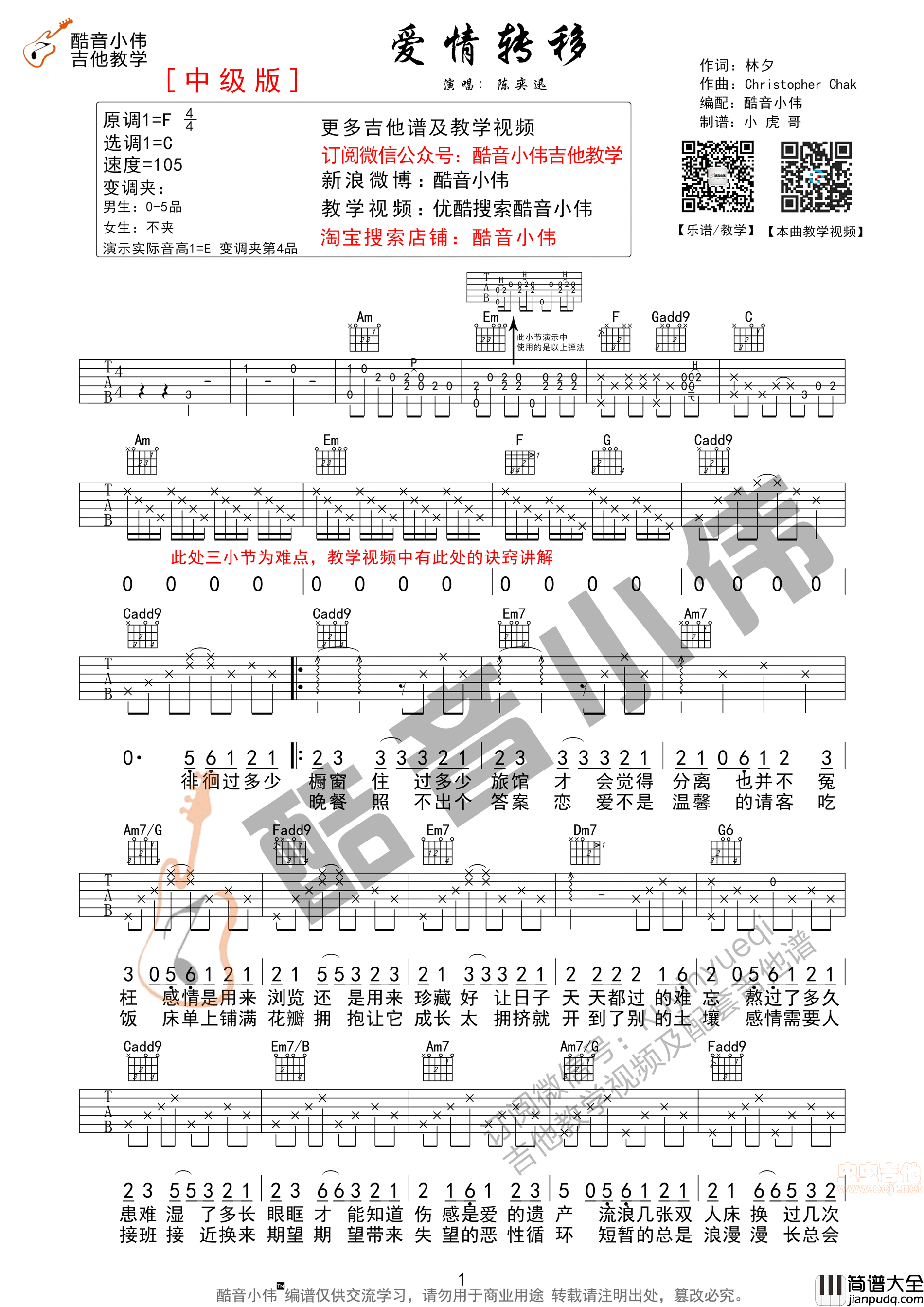 _爱情转移_超原版吉他谱酷音小伟吉他教学|吉他谱|图片谱|高清|陈奕迅