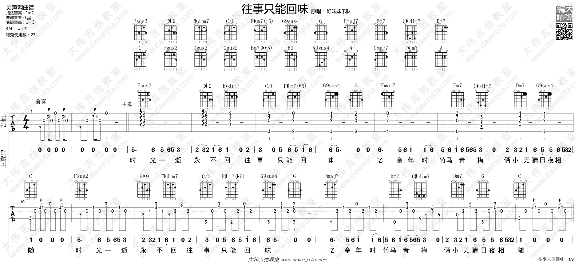 好妹妹乐队_往事只能回味_吉他谱(C调)_Guitar_Music_Score