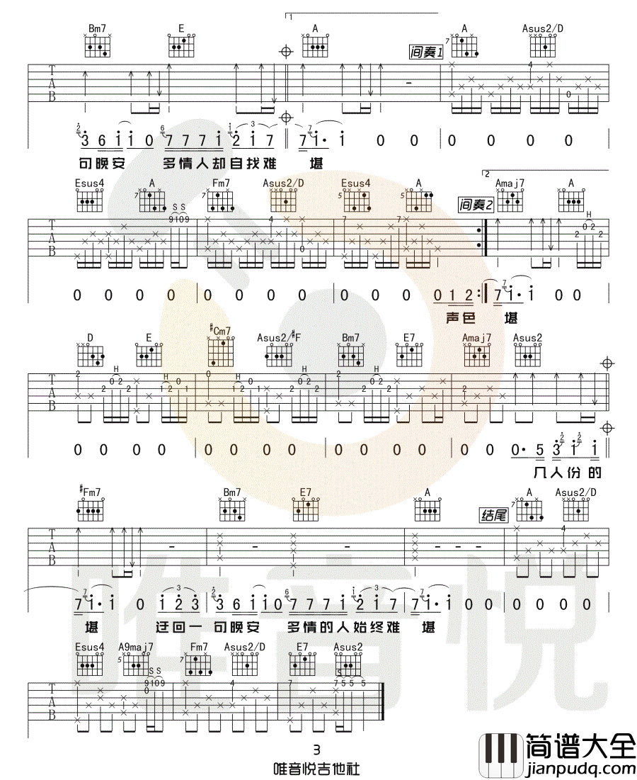 晚安吉他谱_颜人中__晚安_A调原版弹唱六线谱_高清图片谱