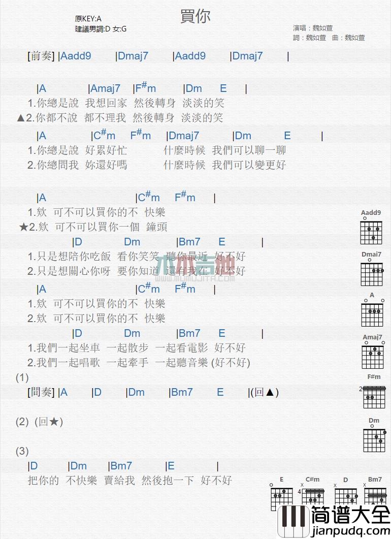 魏如萱_买你_吉他谱_Guitar_Music_Score