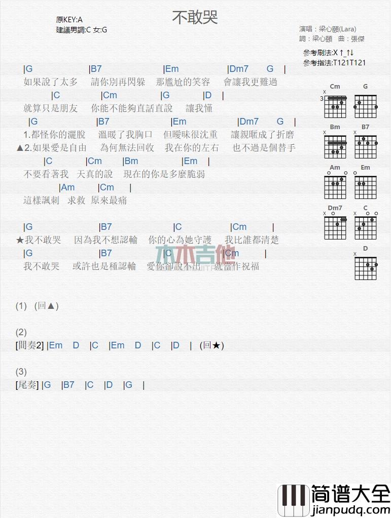 梁心颐_不敢哭_吉他谱_Guitar_Music_Score