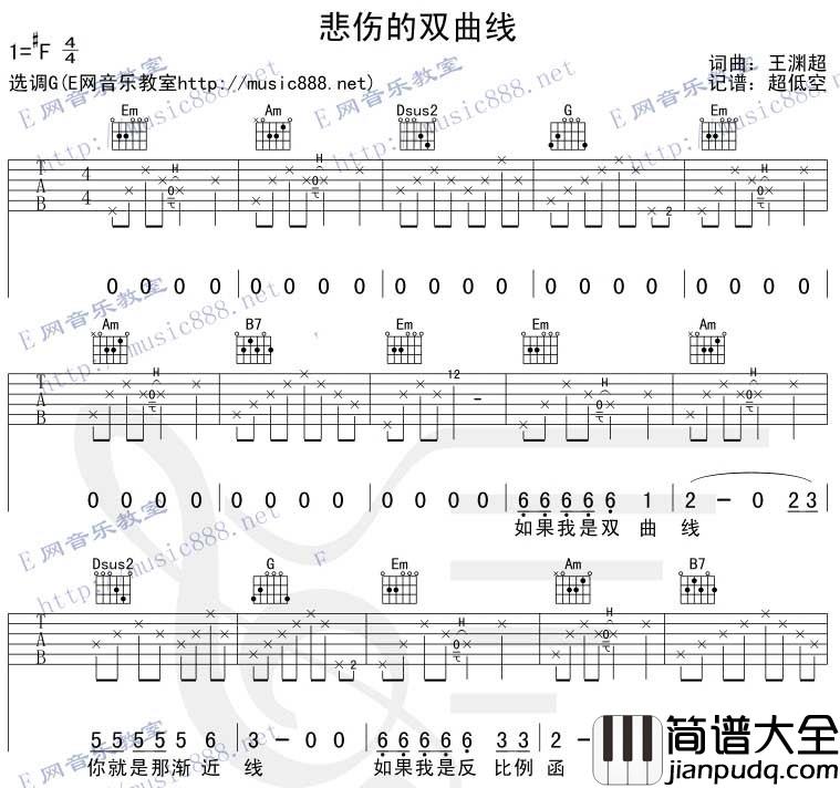悲伤双曲线|吉他谱|图片谱|高清|王渊超