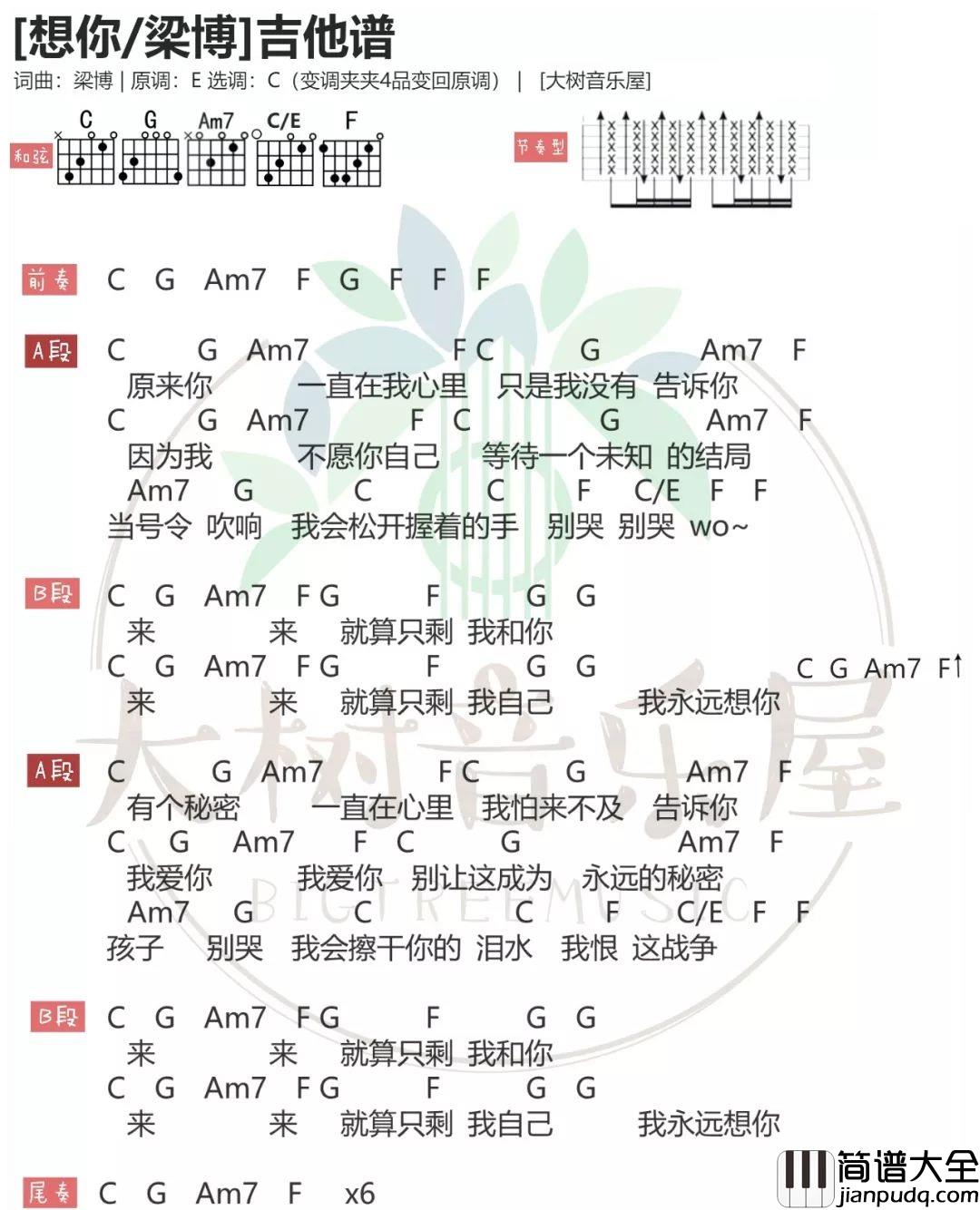 想你吉他谱_梁博_C调指法编配_吉他弹唱和弦谱
