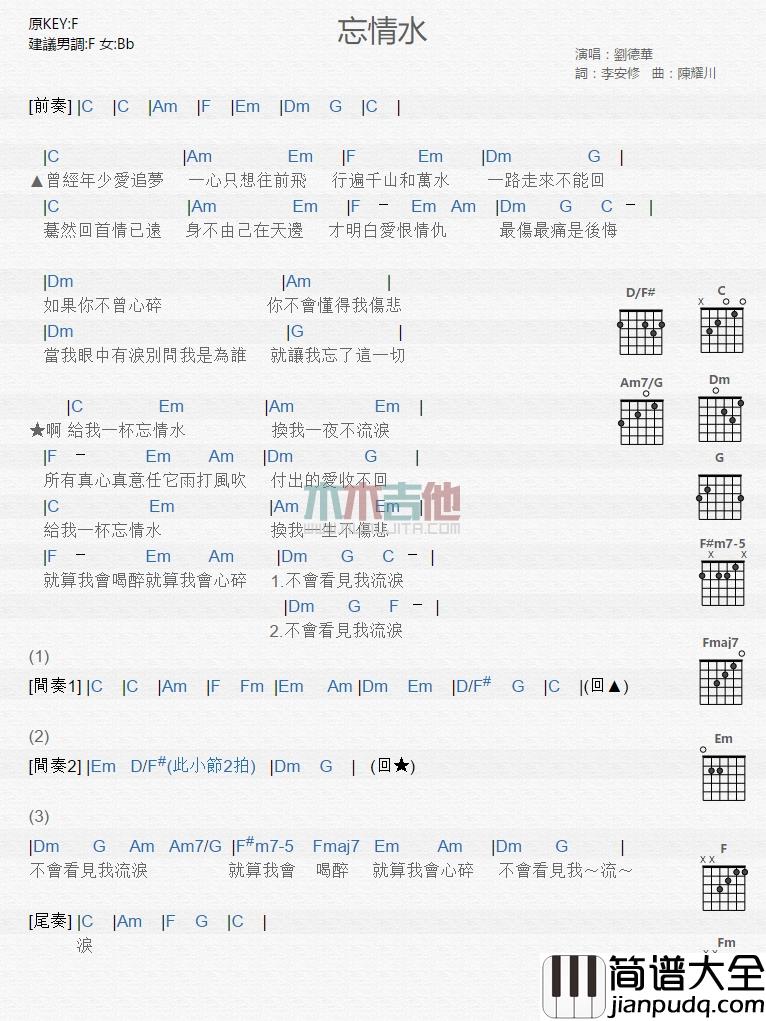 刘德华_忘情水_吉他谱_Guitar_Music_Score