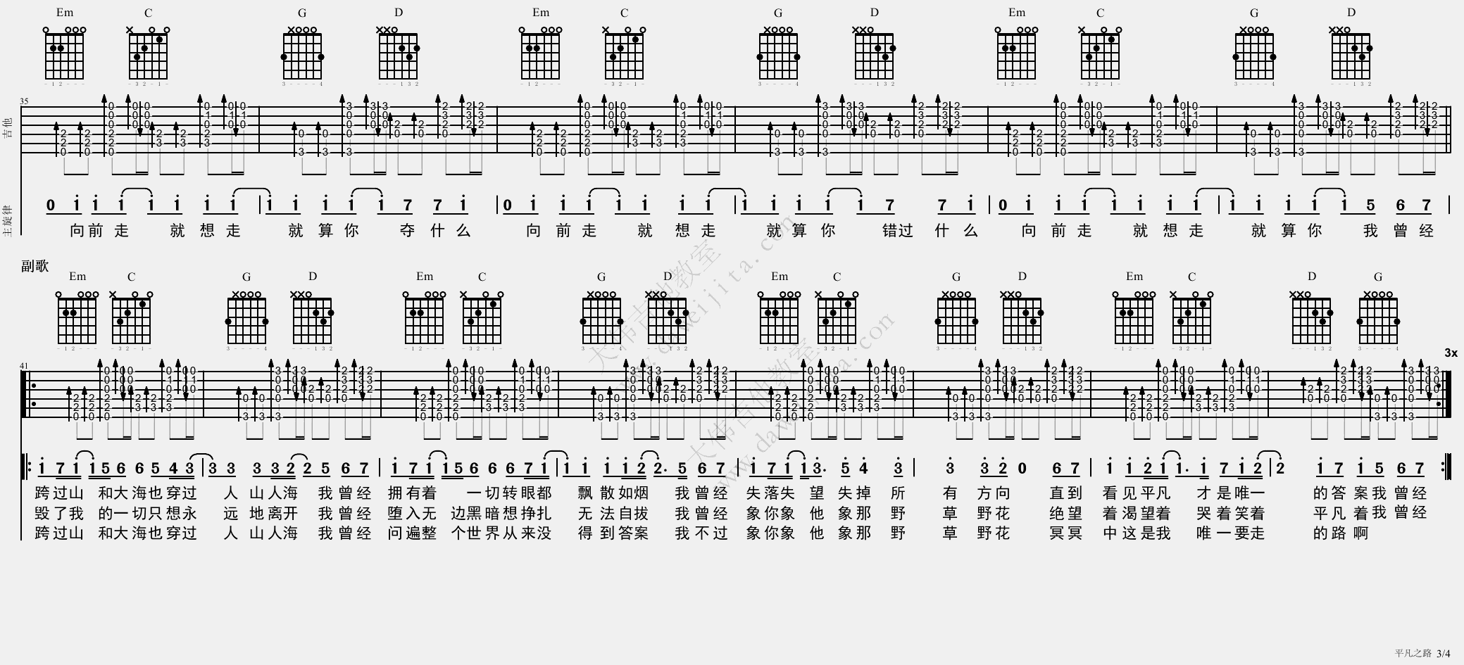 朴树_平凡之路_吉他谱(A调)_Guitar_Music_Score