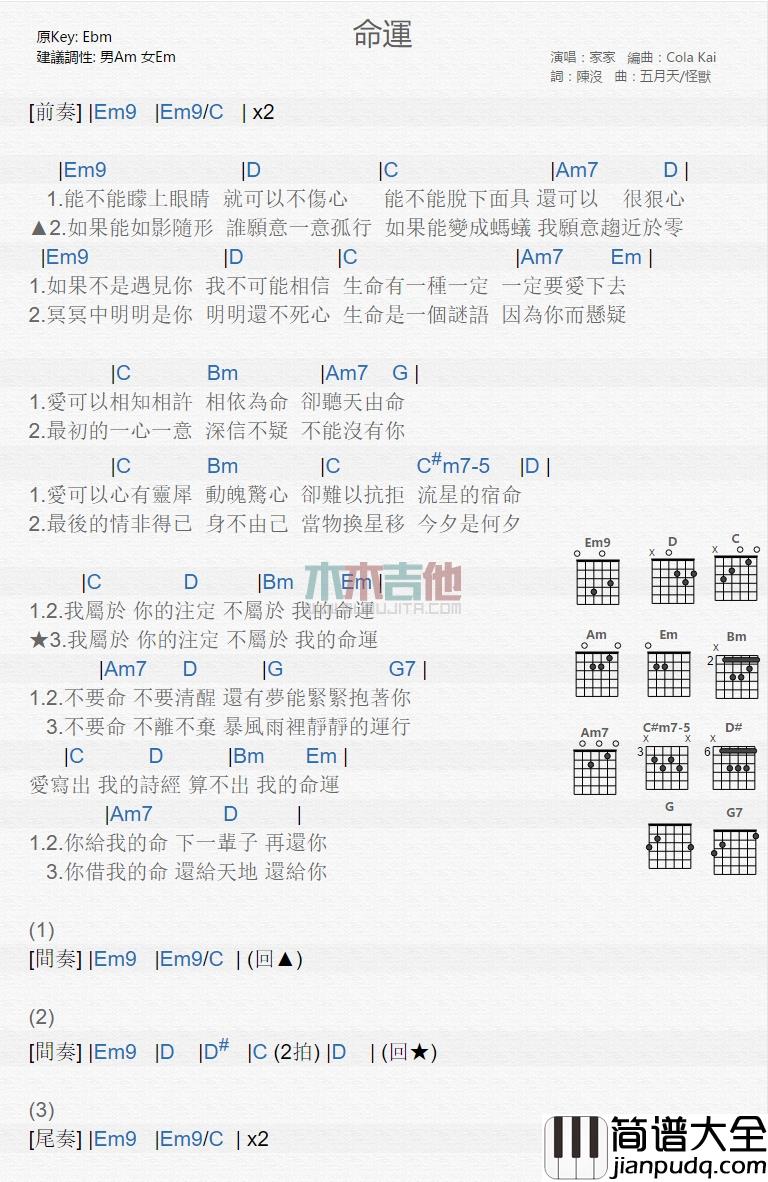 家家_命运_吉他谱_Guitar_Music_Score
