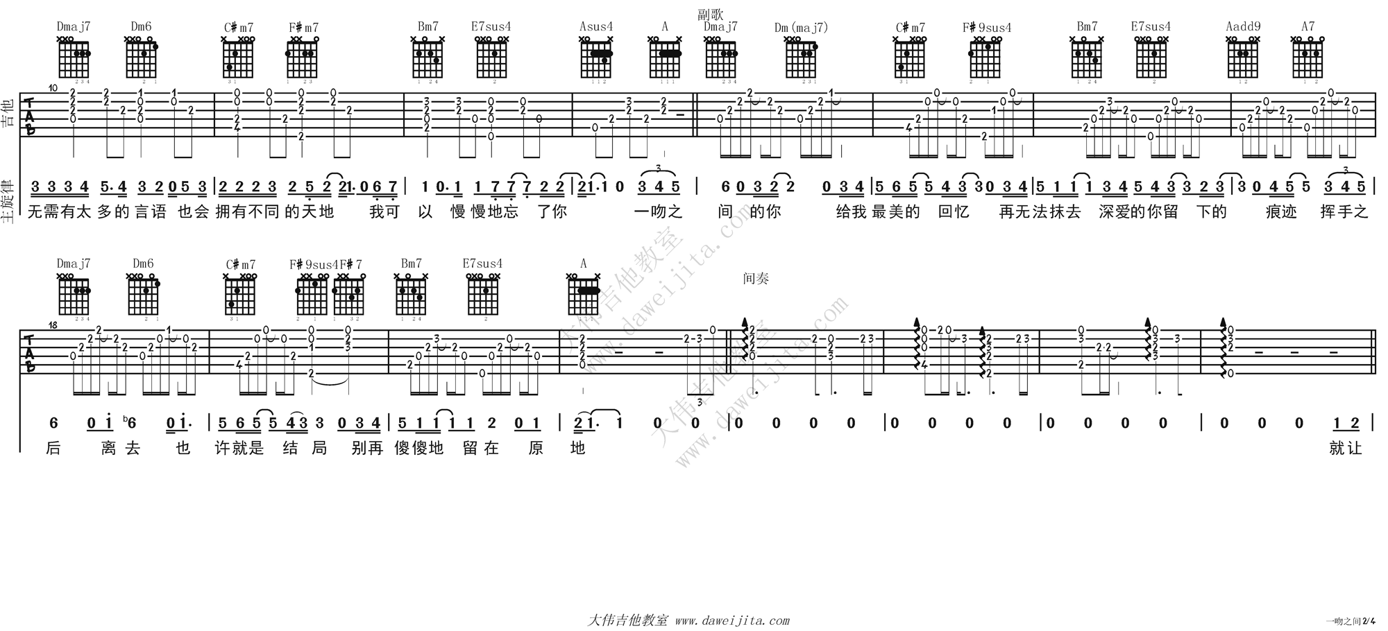 张碧晨_一吻之间_吉他谱(A调)_Guitar_Music_Score
