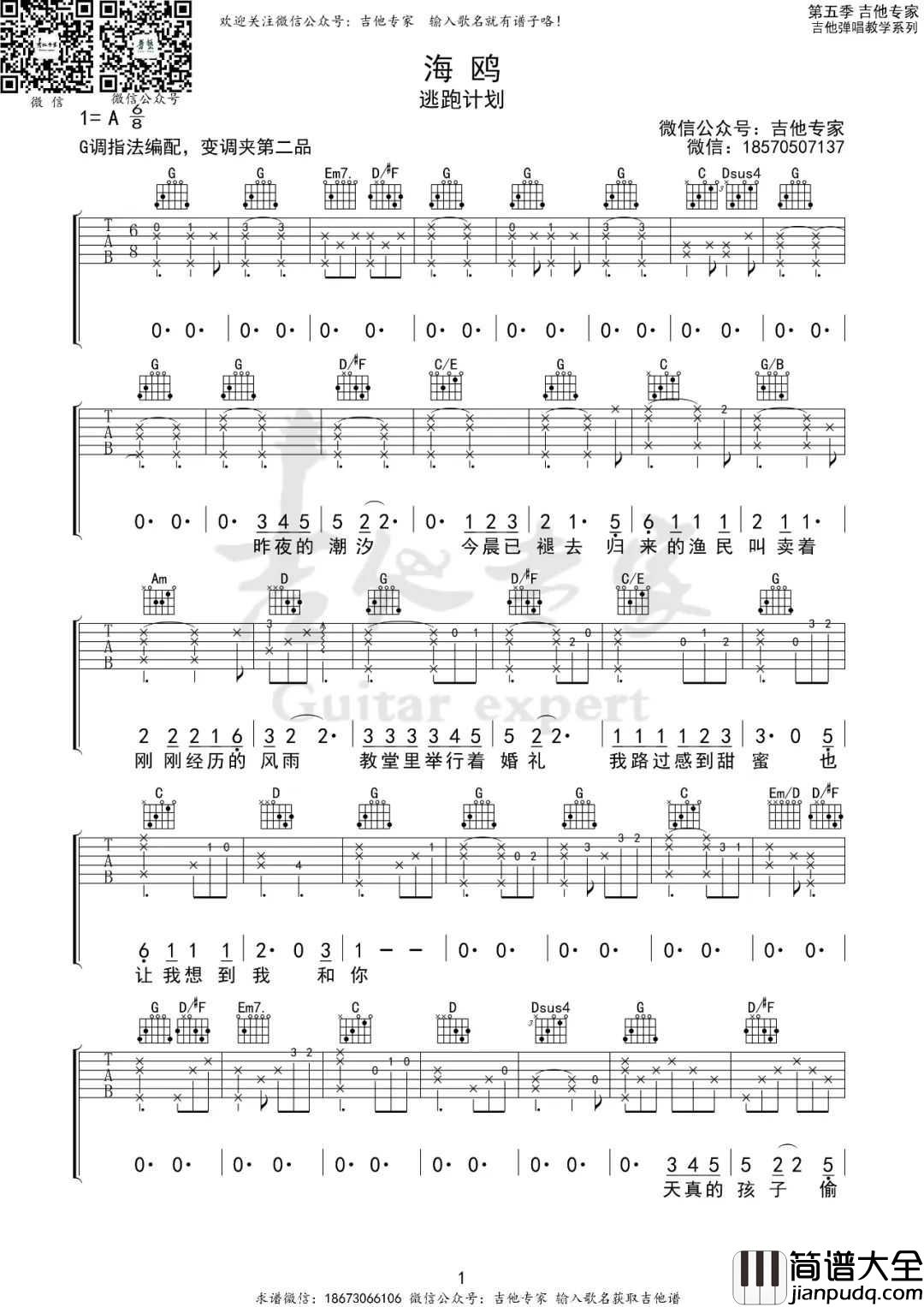 海鸥吉他谱_逃跑计划_G调指法原版编配