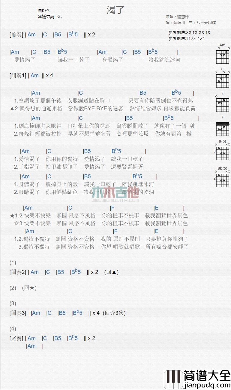 张惠妹_渴了_吉他谱_Guitar_Music_Score