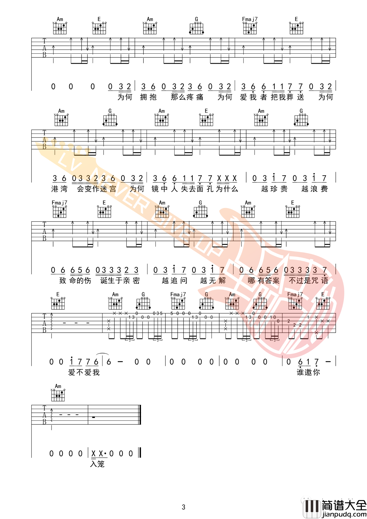 笼吉他谱_张碧晨_C调简单版吉他谱附教学视频