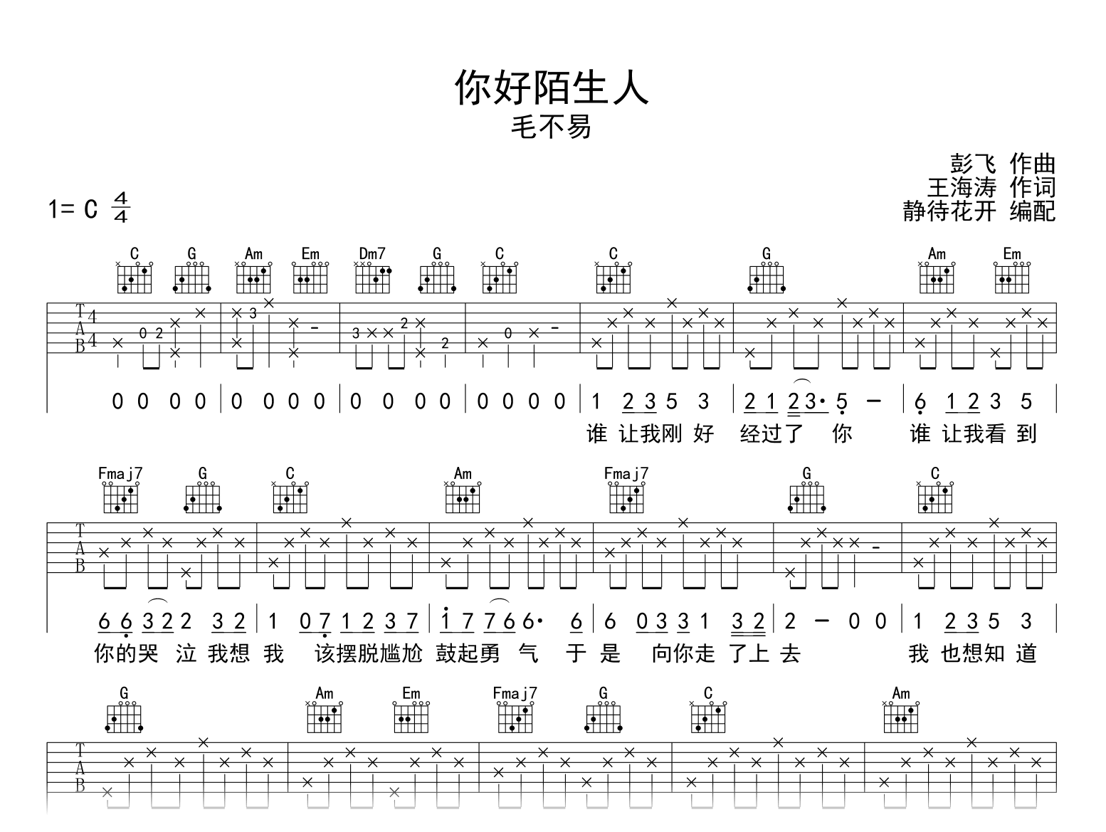你好陌生人吉他谱_毛不易_C调弹唱谱_春晚歌曲