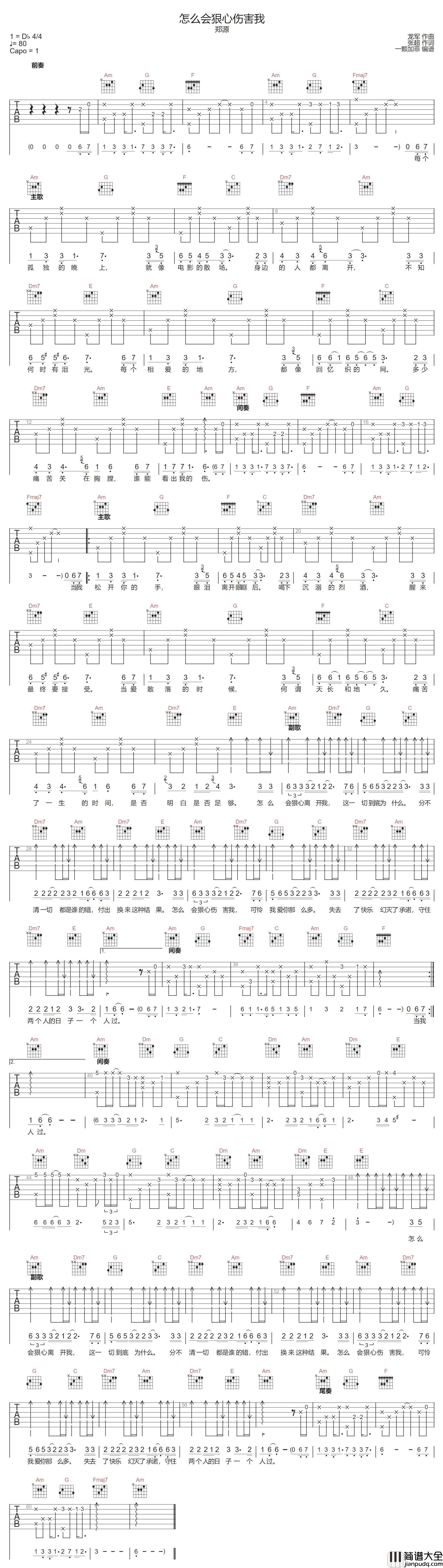 怎么会狠心伤害我吉他谱_郑源_C调原版