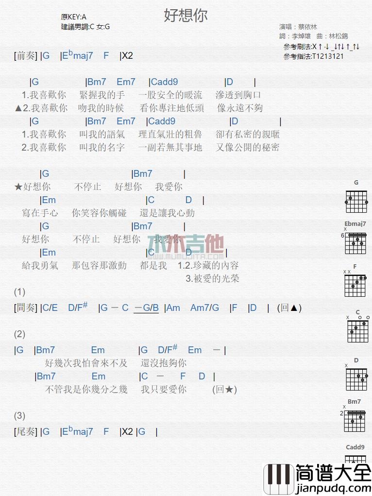蔡依林_好想你_吉他谱_Guitar_Music_Score