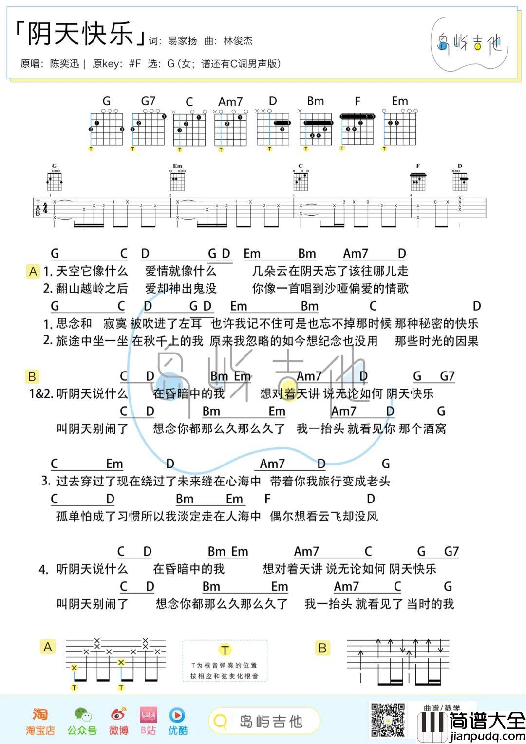 阴天快乐吉他谱_陈奕迅_吉他弹唱教学视频讲解