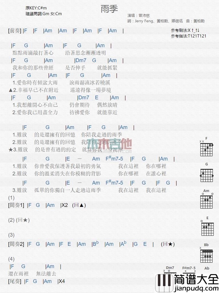 曾沛慈_雨季_吉他谱_Guitar_Music_Score