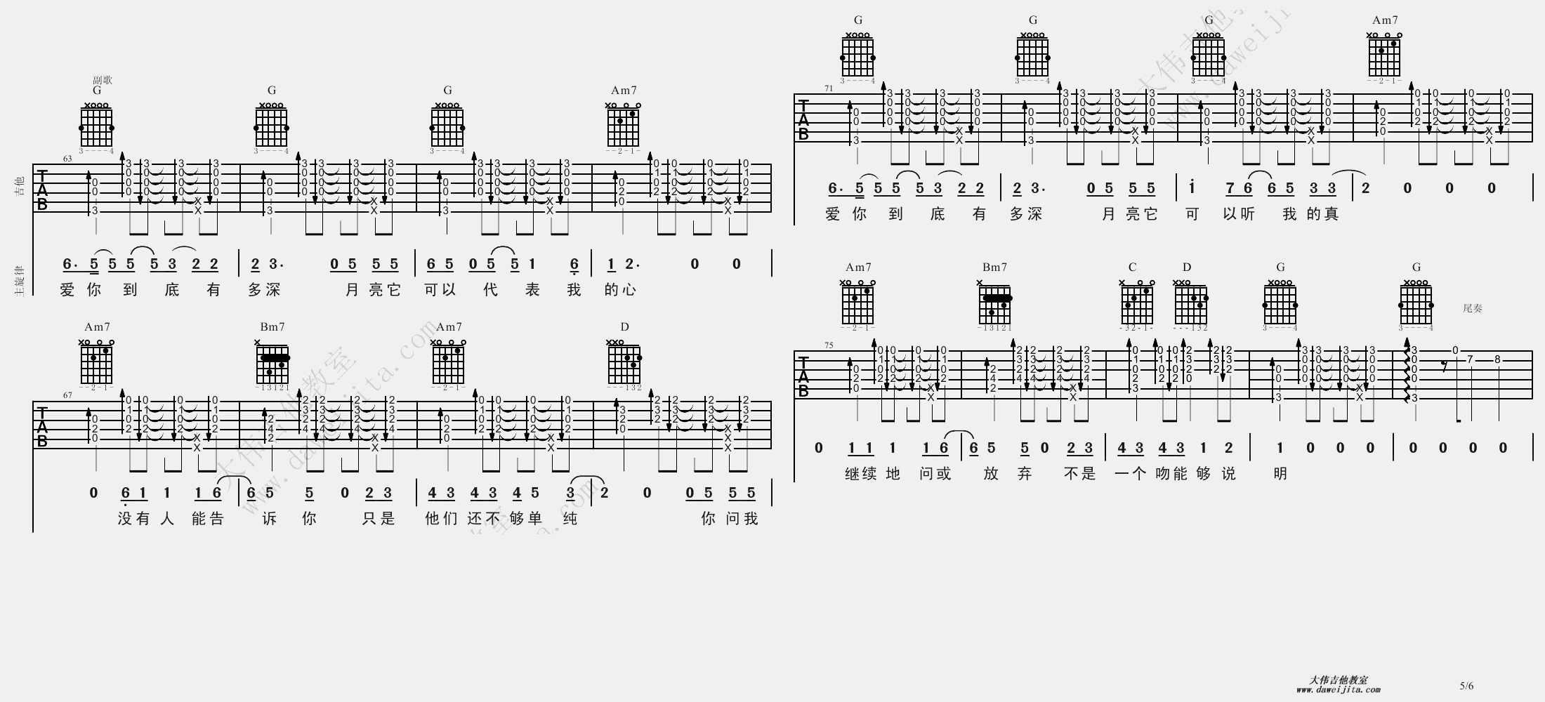 杨坤_月亮可以代表我的心_吉他谱(降A调)_Guitar_Music_Score