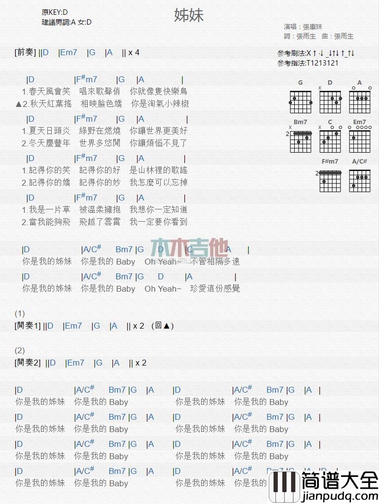 张惠妹_姐妹_吉他谱_Guitar_Music_Score