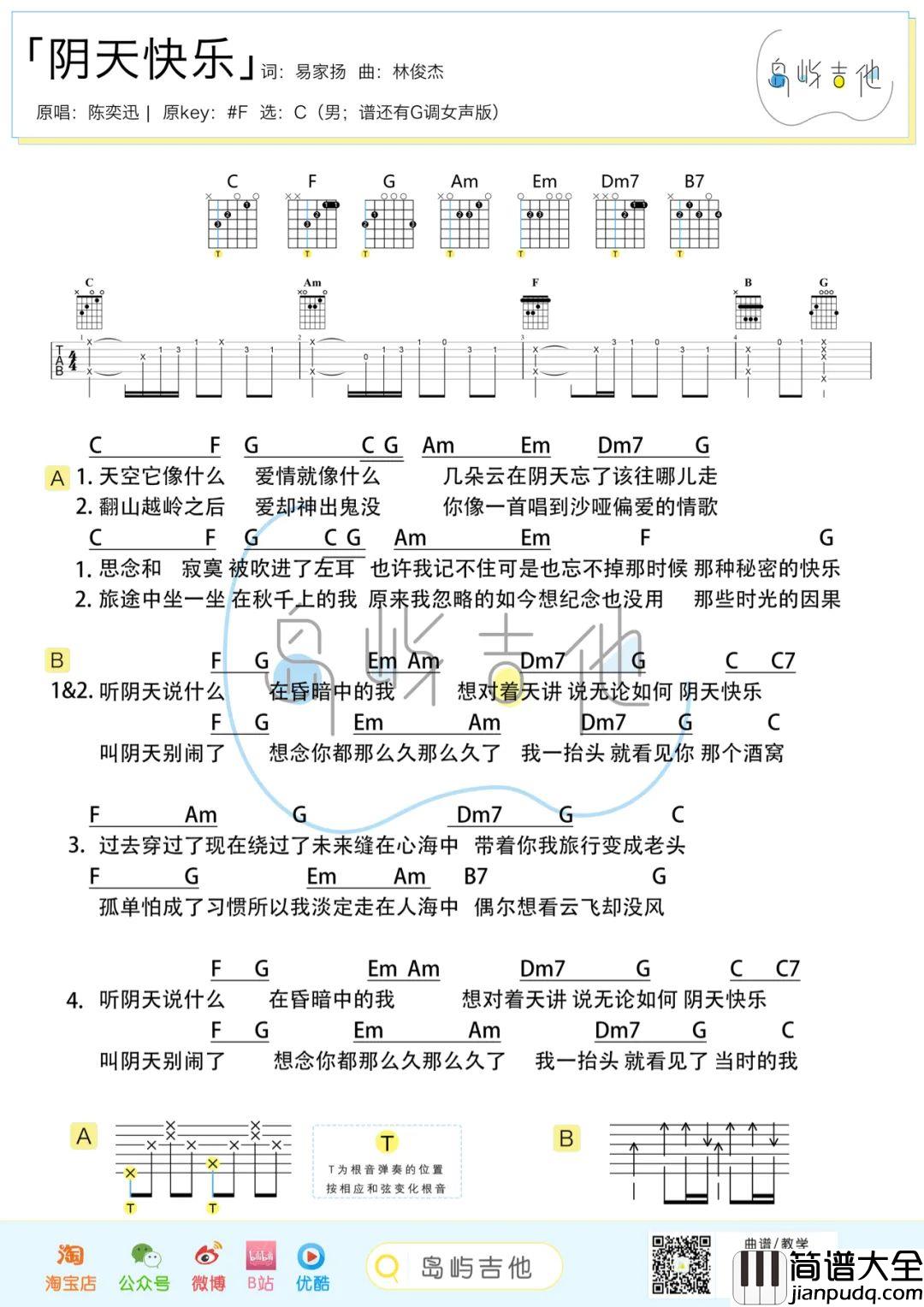 阴天快乐吉他谱_陈奕迅_吉他弹唱教学视频讲解
