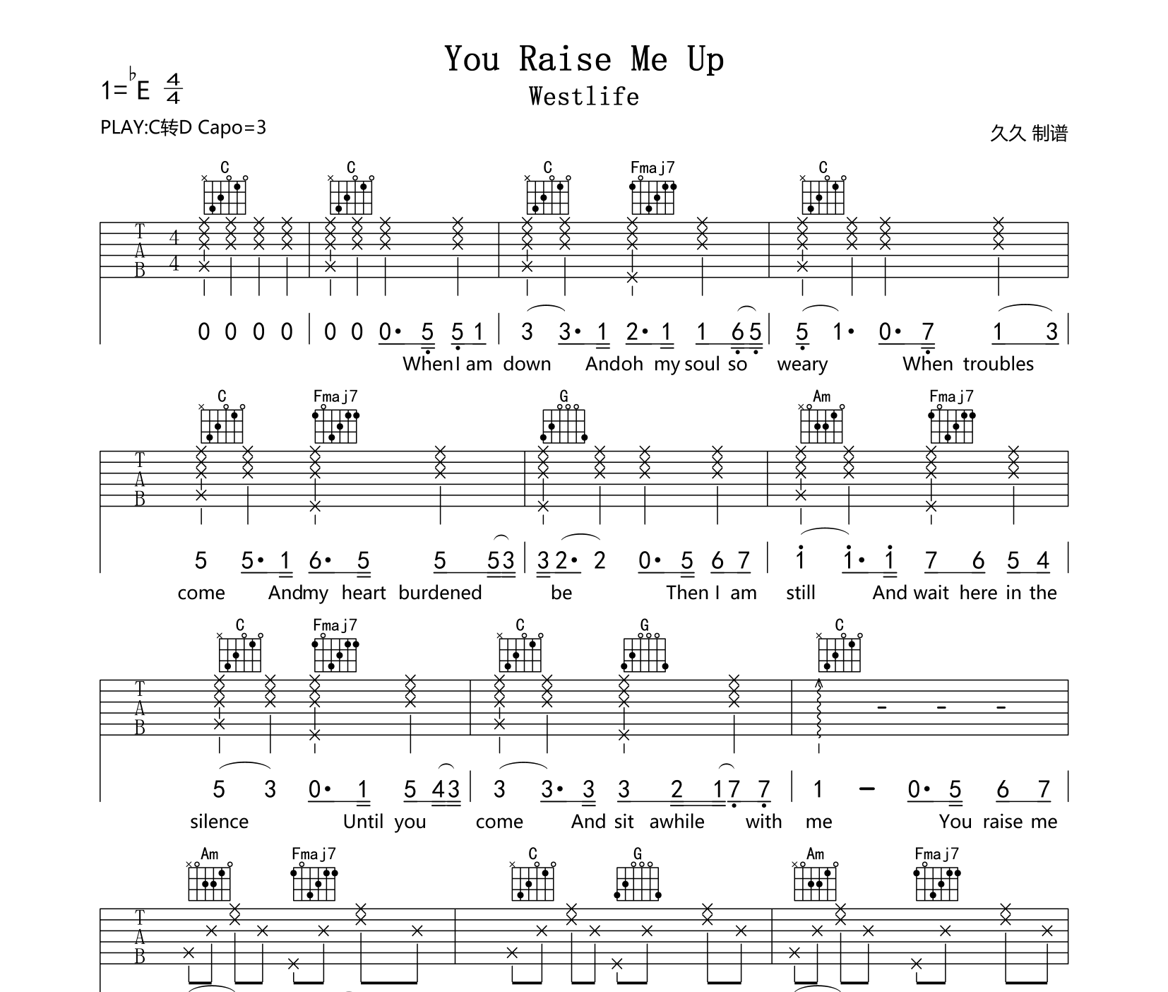 You_Raise_Me_Up吉他谱_Westlife_C转D调版弹唱吉他谱