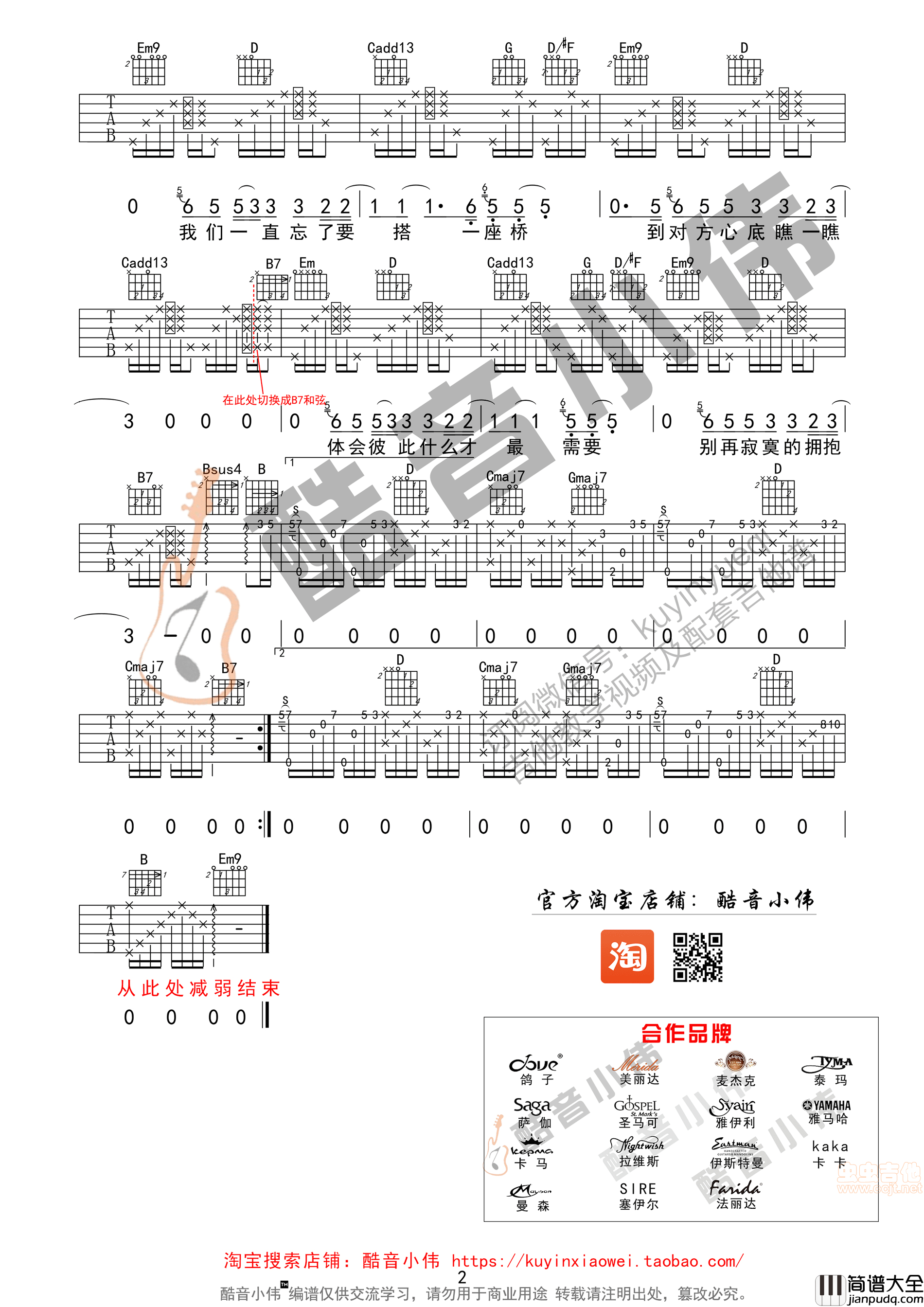 _电台情歌_邓超版超原版_酷音小伟吉他教学|吉他谱|图片谱|高清|邓超