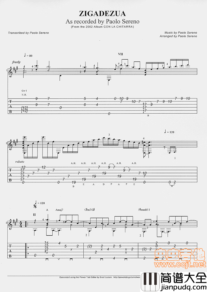 指弹作品_zigadezua_|吉他谱|图片谱|高清|世界名曲