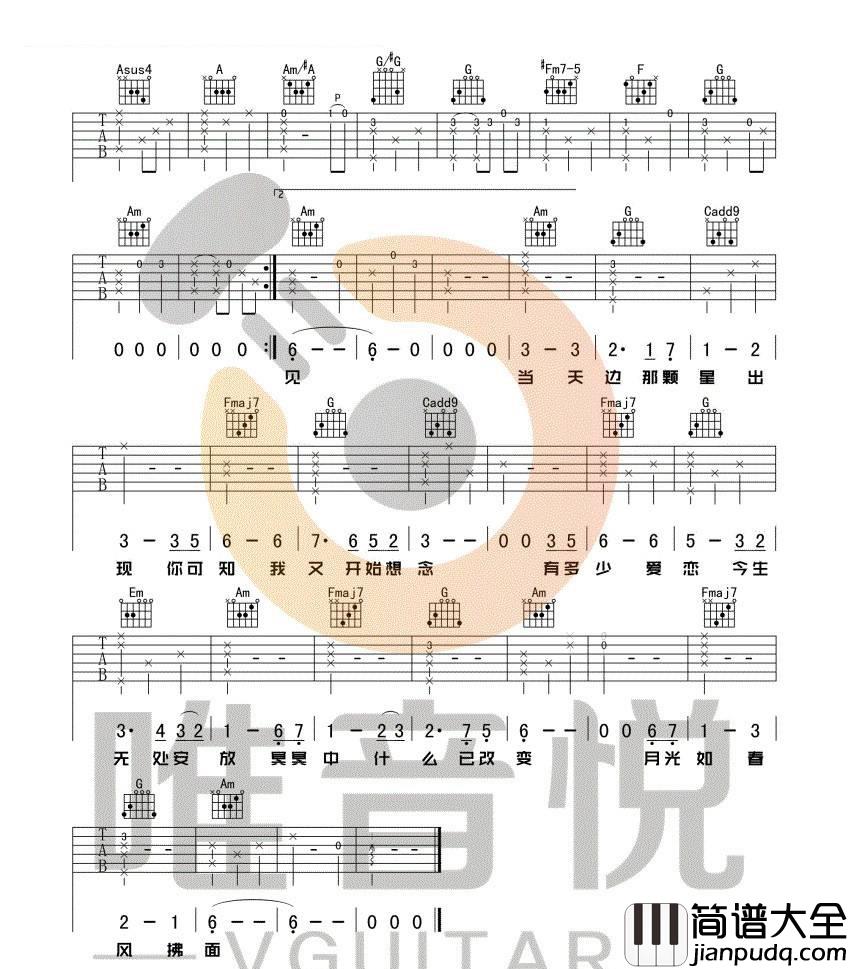 假如爱有天意_李健_C调六线谱完整版_吉他谱_李健_吉他图片谱_高清