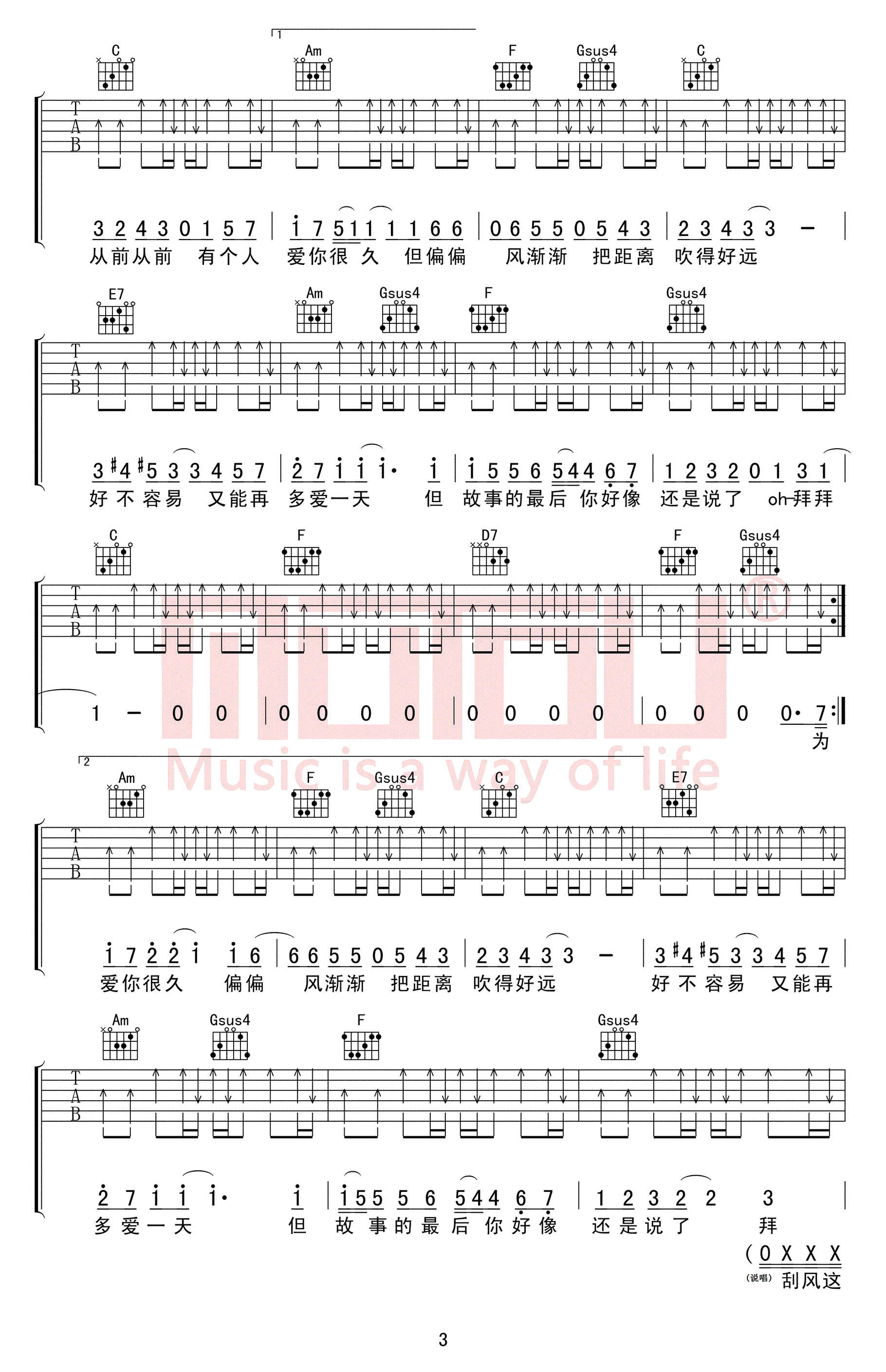 晴天吉他谱_周杰伦_C调_带说唱部分_高清版