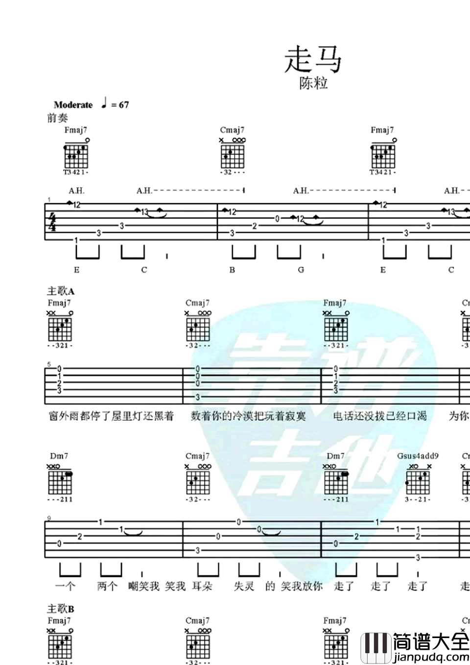 陈粒_走马_吉他谱_蔡宁男生版_弹唱视频_图片谱