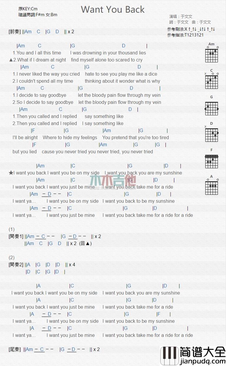 于文文_Want_You_Back_吉他谱_Guitar_Music_Score